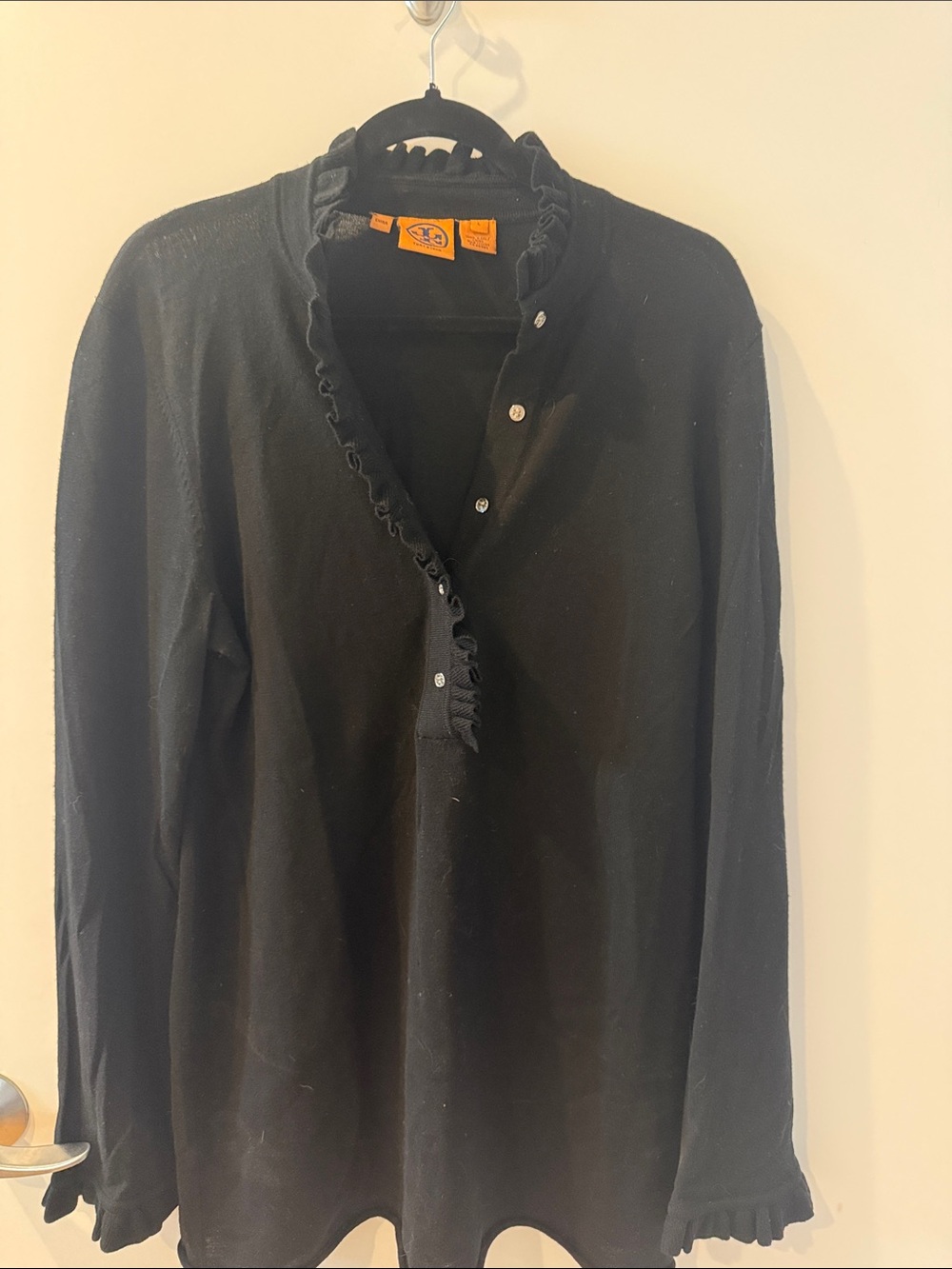 Tory Burch Black Ruffle Henley Long-Sleeve Shirt